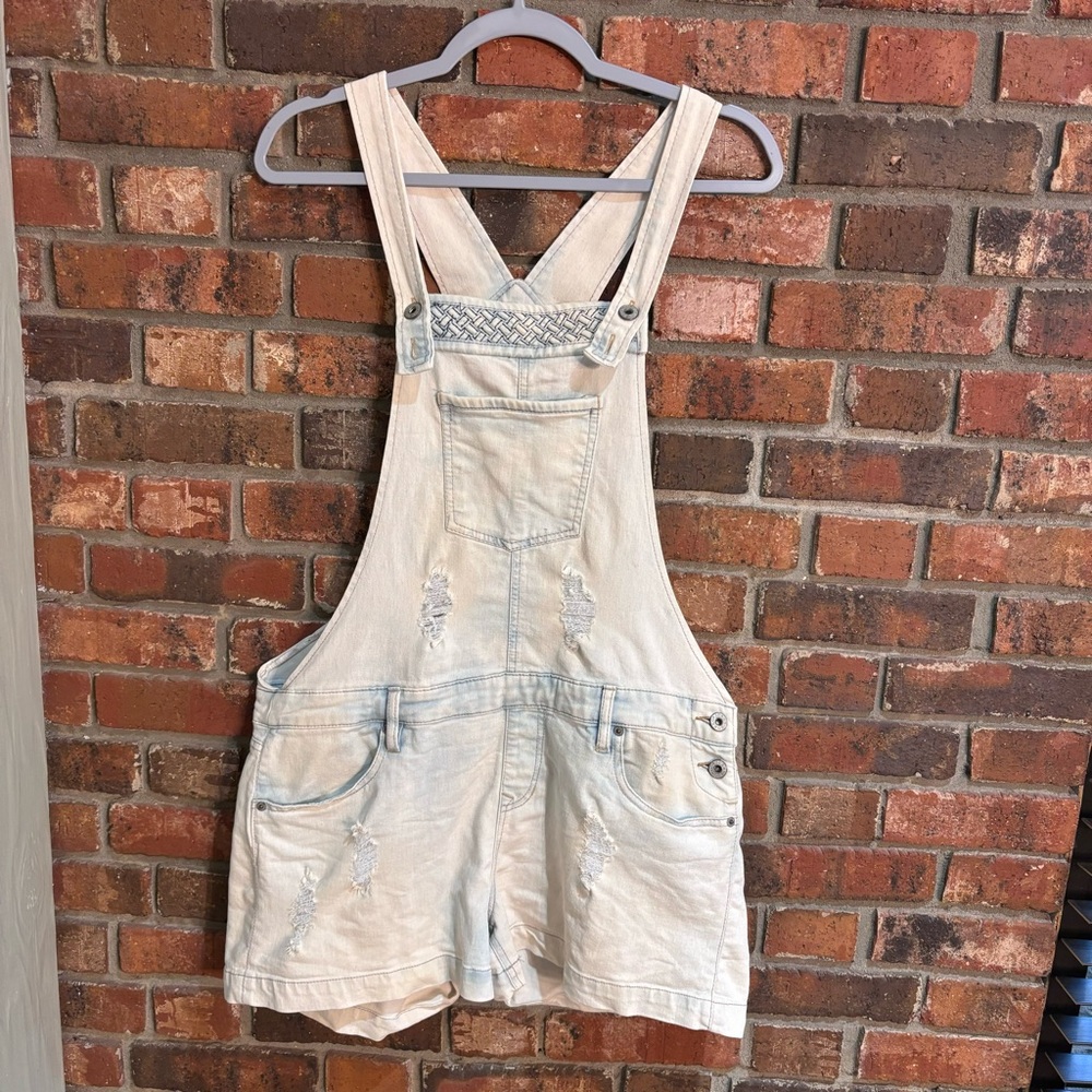 BONGO Cream Distressed Denim Overalls